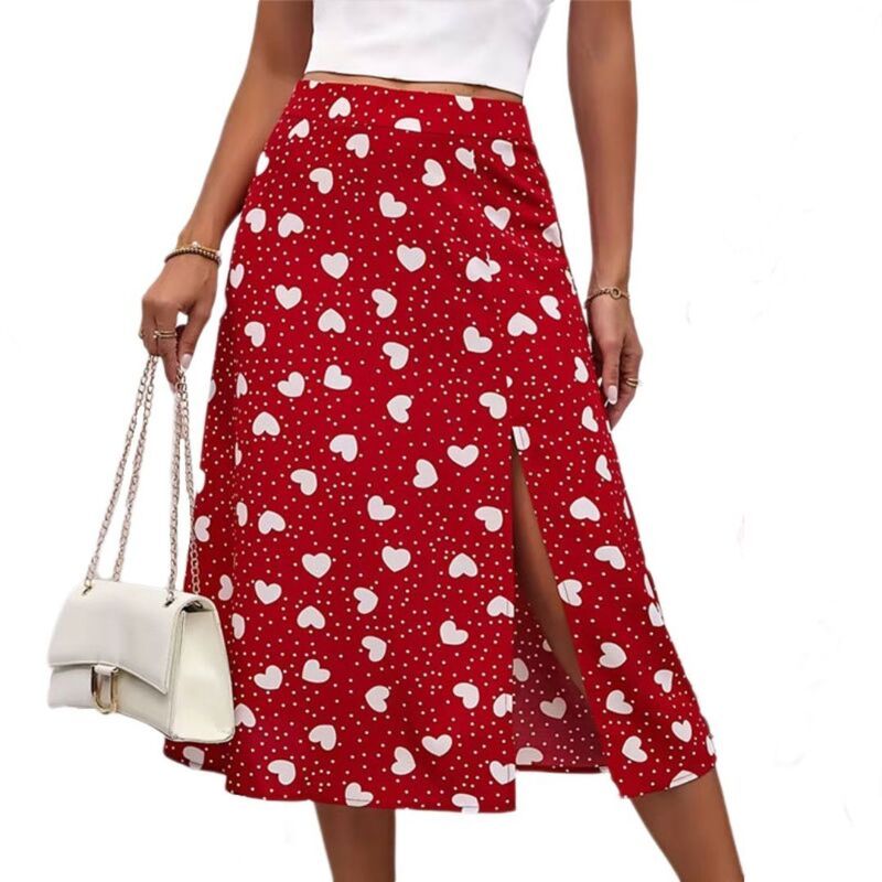 イエスファッション レディース ボトムスカート ハイウエスト プリント ミディ Yesfashion Womens Boho Skirt High Waist Side Split Dot Heart