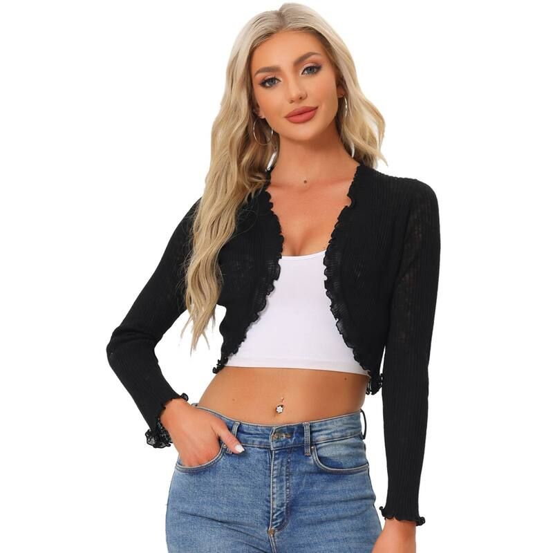 アレグラ ケー レディース アウター ニット・セーター フリル カーディガン ALLEGRA K Womens Crop Shrug Ruffle Trim Long Sleeve Knit Eleg