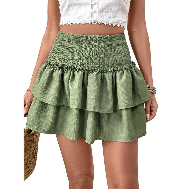 イエスファッション レディース ボトムスカート ティアード ハイウエスト プリーツ フリル ミニ Yesfashion Womens High Waist Ruffle Mini Skirtsolid