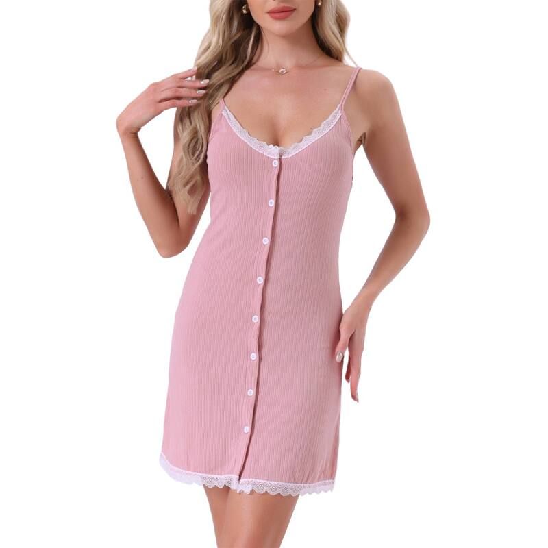 インスパイア シック レディース アンダーウェア ナイトウェア ボタンダウン リブ ダウン レース ニット INSPIRE CHIC Womens Chemise Sleepdress Ribbed