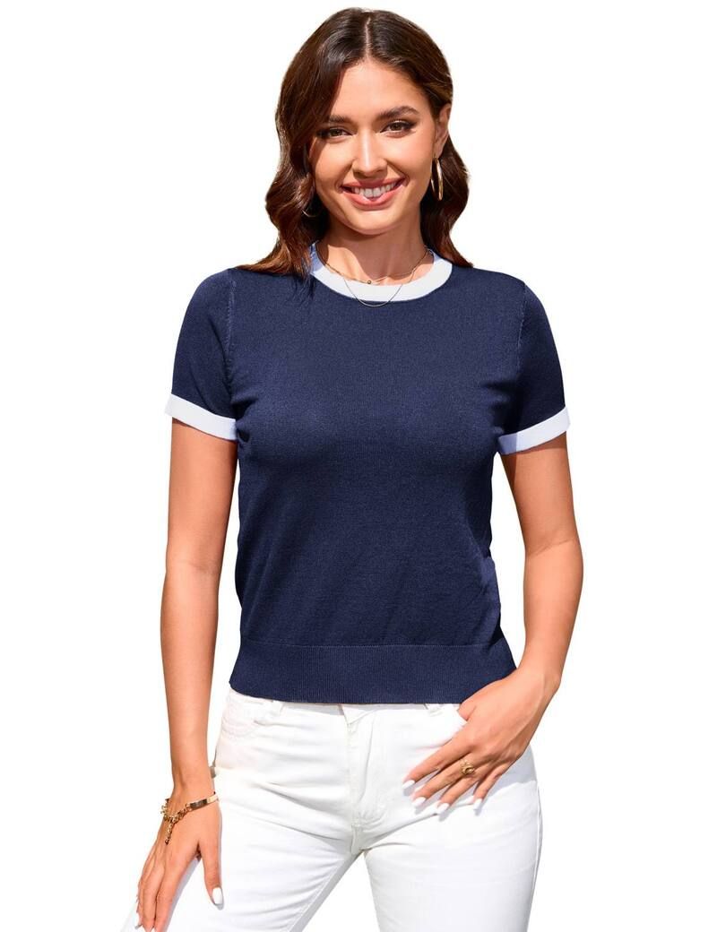 ファンジュライ レディース アウター ニット・セーター クルーネック FUNJULY Womens Knit Crewneck Pullover Short Sleeve Summer Sweater