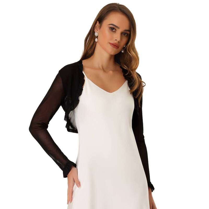 アレグラ ケー レディース アウター ニット・セーター フリル メッシュ カーディガン クロップド ALLEGRA K Meshrug For Womens Ruffled Open Front Cr