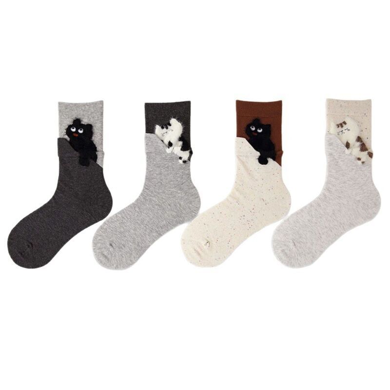 アンナカシ レディース アンダーウェア 靴下 ニット AnnaKaci Womens 4Pair Crew Socks with Textured Cat Appliqu and Soft Knit