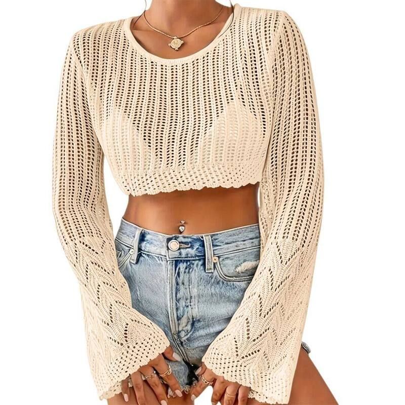 イエスファッション レディース アウター ニット・セーター クロップド Yesfashion Women Crochet Sweater Lightweight Cropped Long Sleeve