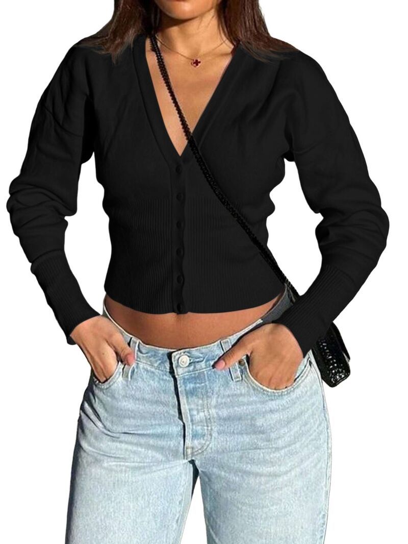 ファンジュライ レディース アウター ニット・セーター Vネック ボタンダウン リブ カーディガン ダウン クロップド FUNJULY Womens Cropped VNeck Button Down