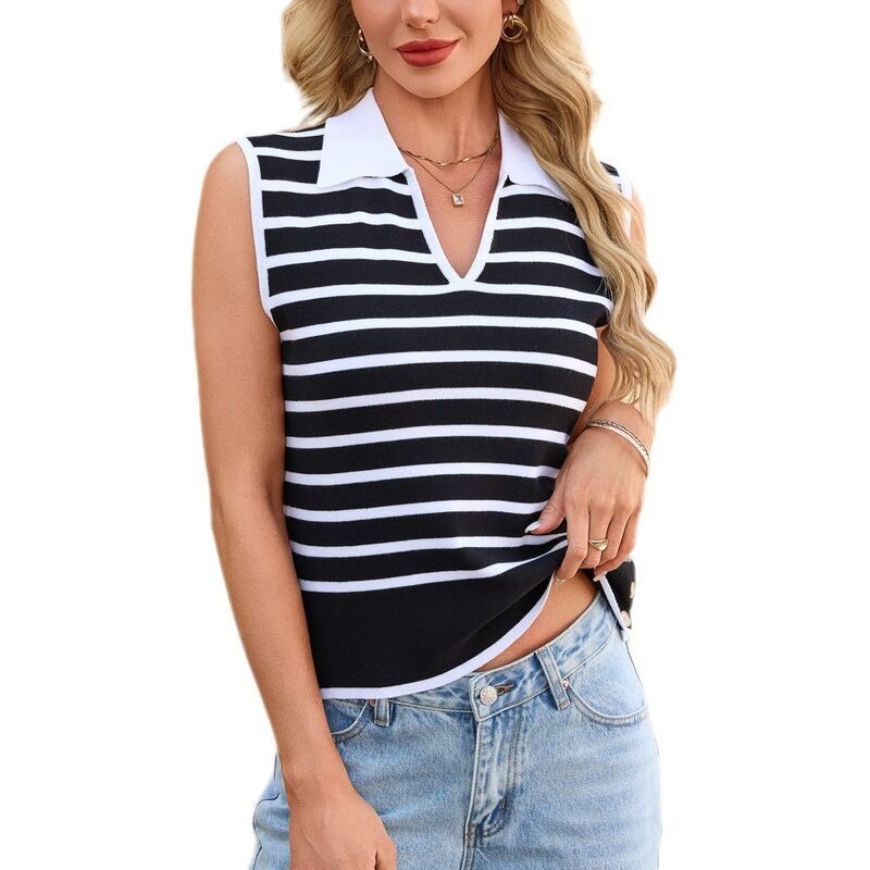 イエスファッション レディース アウター ニット・セーター ポロシャツ ノースリーブ コントラスト Yesfashion Womens Casual Sleeveless Polo Top Strip