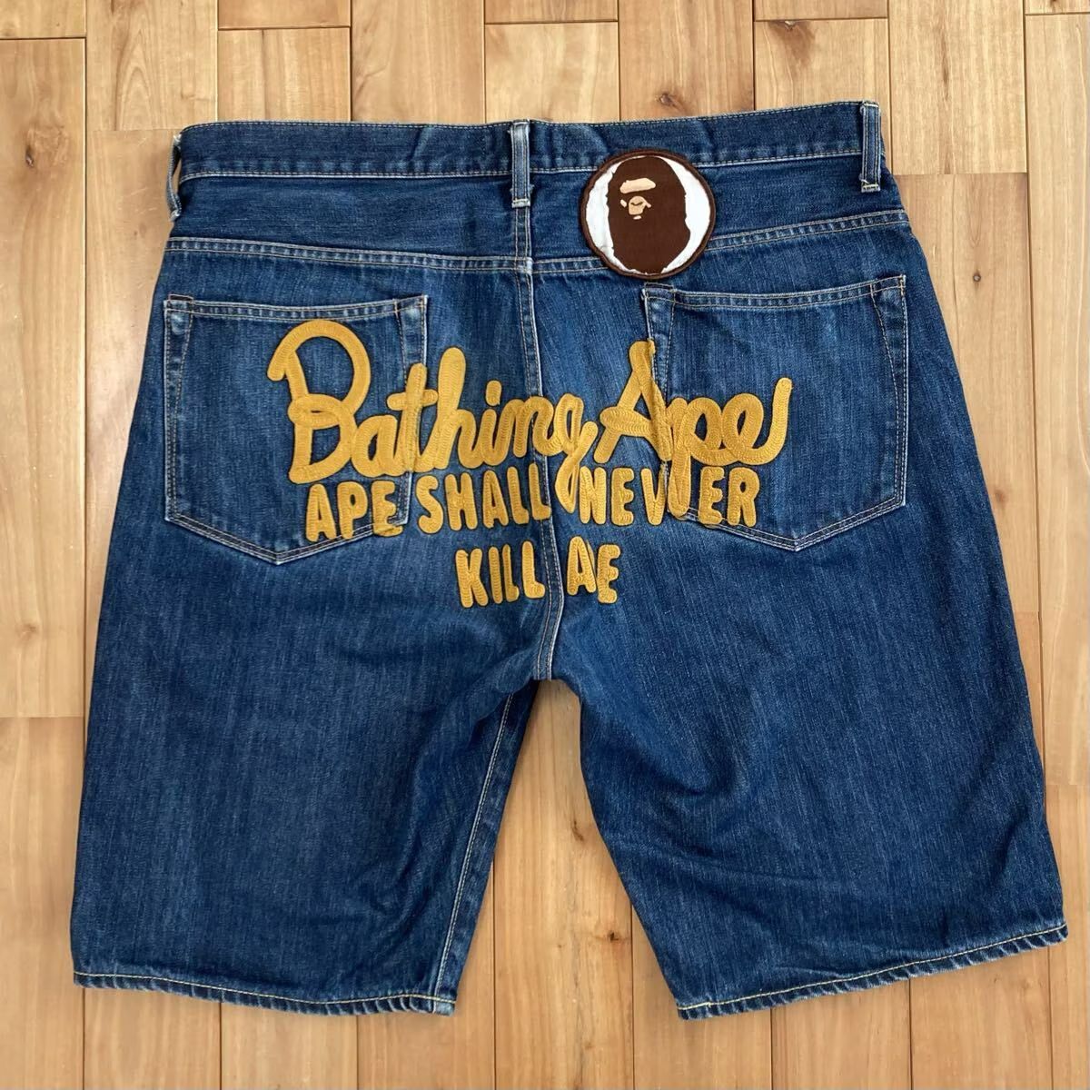 ★XL★ BAPE Champion 刺繍 デニム ハーフパンツ a bathing ape BAPE head denim shorts エイプ ベイプ アベイシングエイプ ショーツ y8882