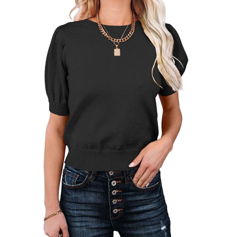 セオリア レディース アウター ニット・セーター クルーネック シャツ ブラウス Seoria Womens Puff Short Sleeve Sweater Topsummer Fall Tren