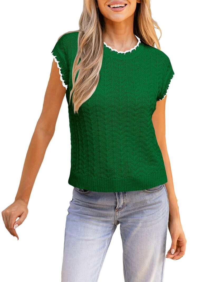 ファンジュライ レディース アウター ニット・セーター クルーネック コントラスト FUNJULY Womenshort Sleeve Sweater with Contrastrim Crewnec