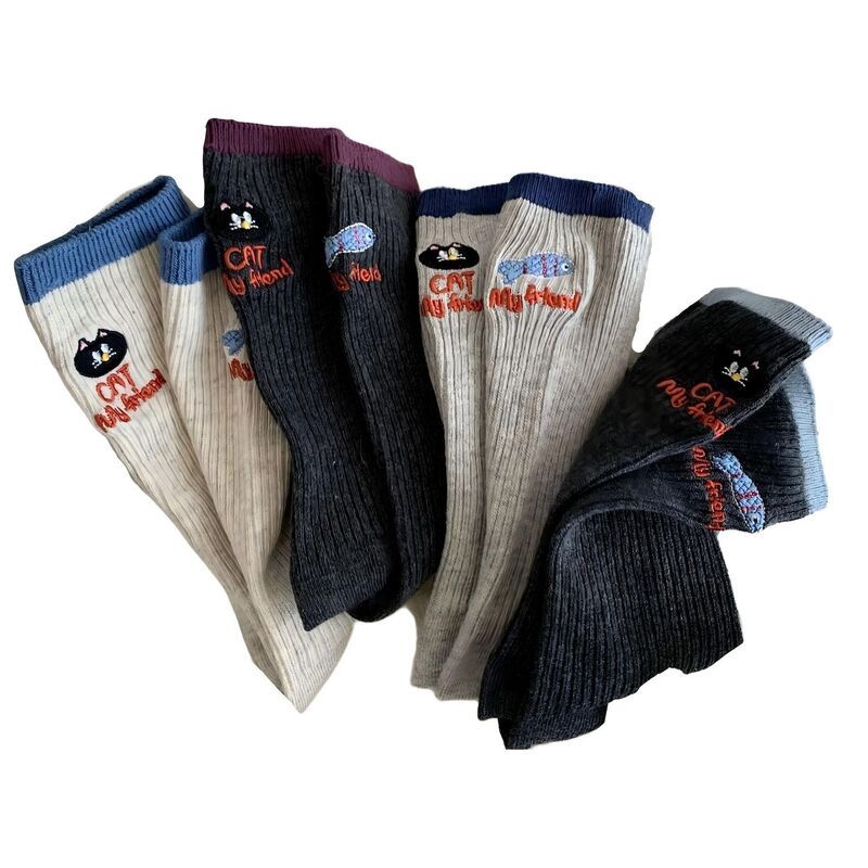 アンナカシ レディース アンダーウェア 靴下 リブ 刺繍 ニット グラフィック AnnaKaci Womens 4Pairibbed Knit Crew Socks with Embroidered