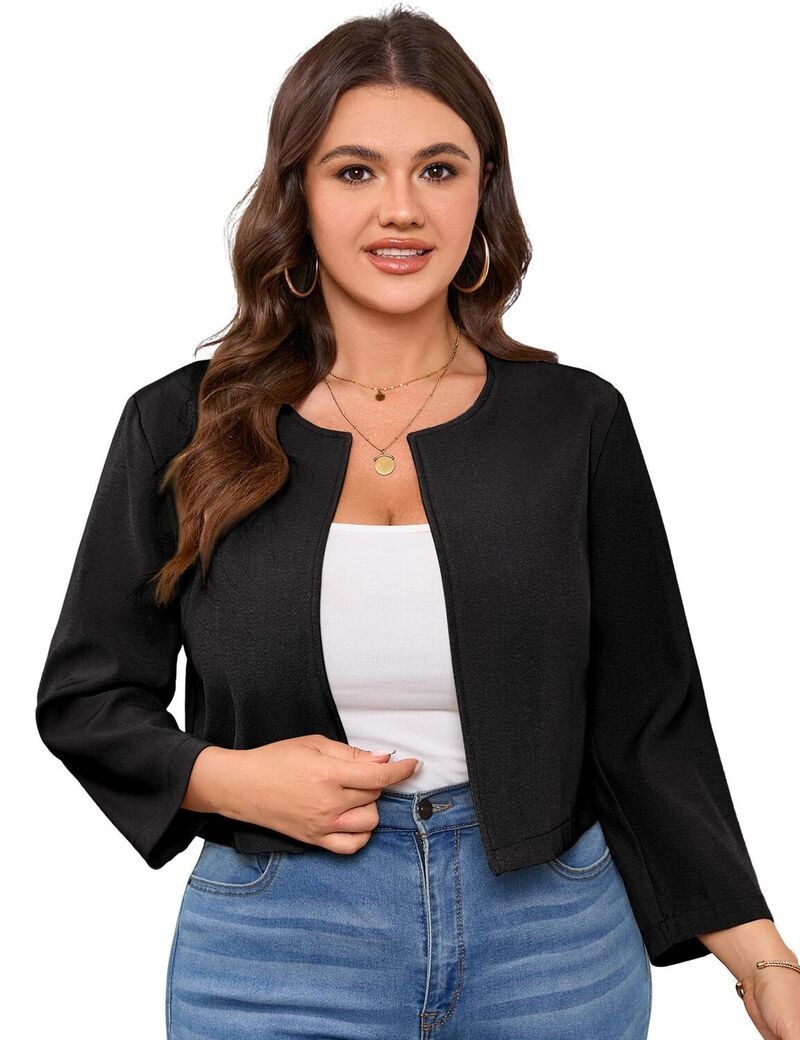 ファンジュライ レディース アウター ジャケット・ブルゾン プラスサイズ ブレザー FUNJULY Womens Plusize Open Front Round Neck Blazer Black
