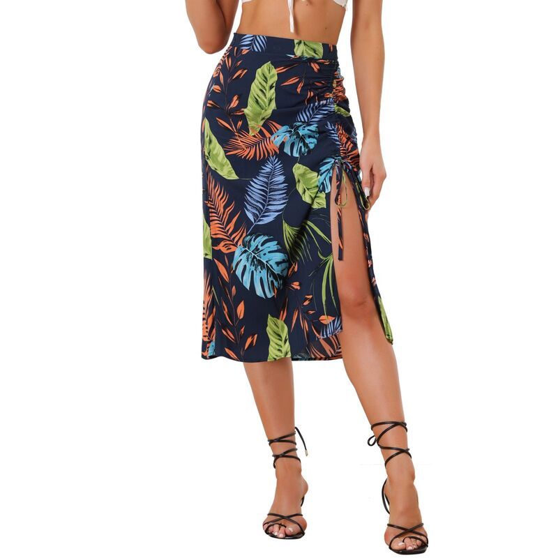 アレグラ ケー レディース ボトムスカート ギャザー ALLEGRA K Womens Hawaiian Skirts Beach Ruched Frontropical Skirt with Sli