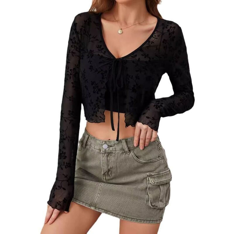 ファンジュライ レディース アウター ニット・セーター スリムフィット Vネック カーディガン FUNJULY Womens Long Sleeve Tie Front Crop Tops V Nec