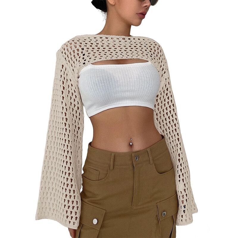 クリアフラワー レディース アウター ニット・セーター シアー ClearFlower Women Crochet Knit Shrug Long Bell Sleeve Crop Top Sheer