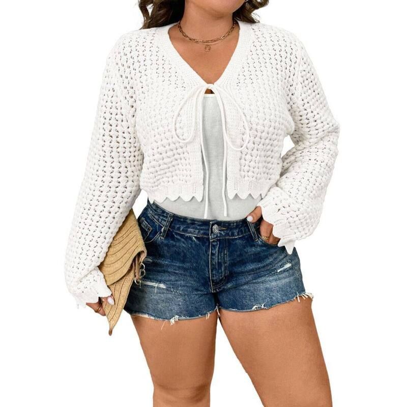 イエスファッション レディース アウター ニット・セーター プラスサイズ カーディガン Yesfashion Womens Plusize Tie Front Cardigan Hollow Out