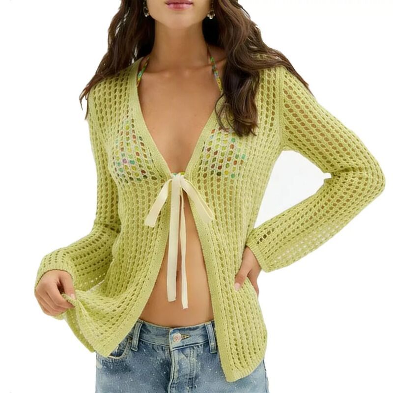 ファンジュライ レディース アウター ニット・セーター カーディガン FUNJULY Women Crochet Cardigan Tied Front Lightweight Sweater Gre