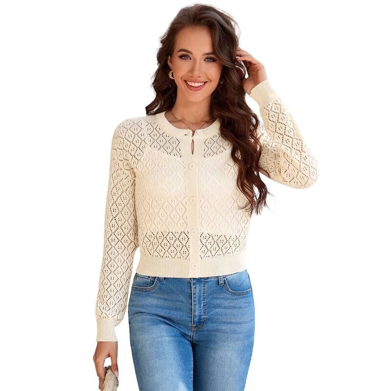 コジョイン レディース アウター ニット・セーター ボタンダウン カーディガン ダウン クロップド Kojooin Women Casual Cropped Hollow Out Button Dow