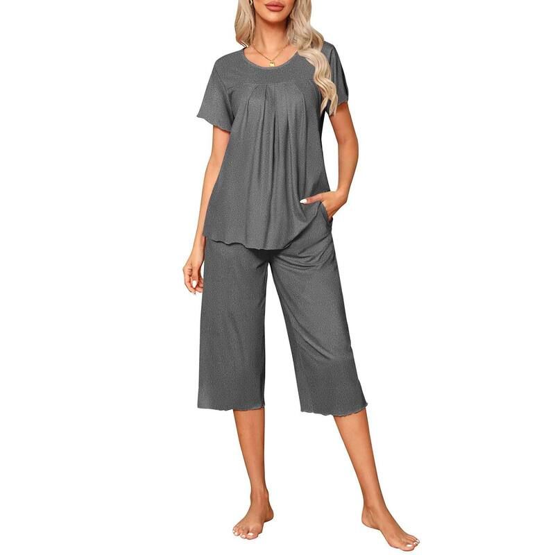 エコアー レディース アンダーウェア ナイトウェア パンツ キャップ Ekouaer Pajama Set for Women 2 Piece Capri Pantshort Sleeve Top S