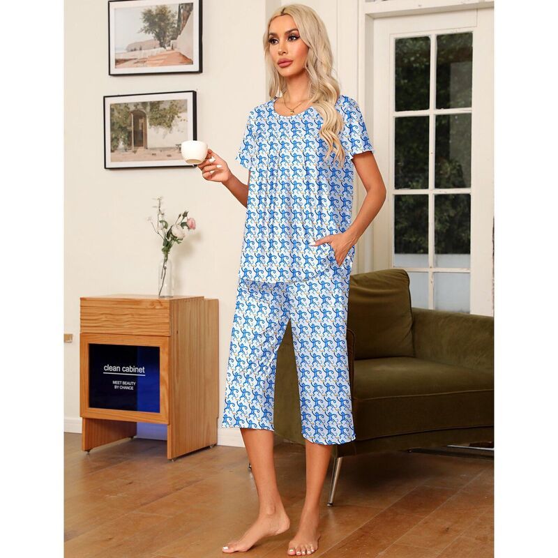 エコアー レディース アンダーウェア ナイトウェア パンツ キャップ Ekouaer Pajama Set for Women 2 Piece Capri Pantshort Sleeve Top S