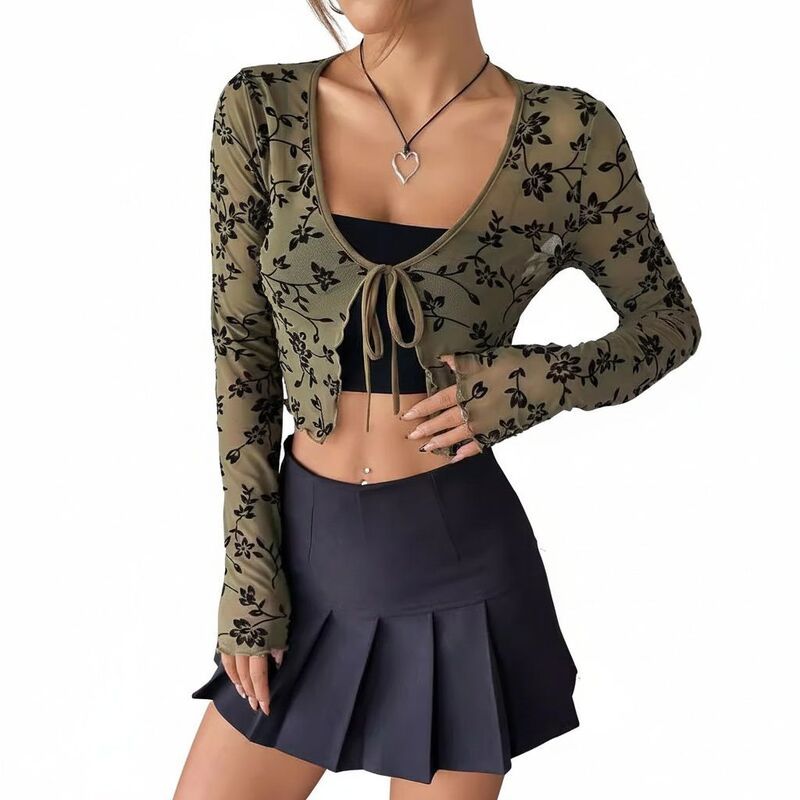 コジョイン レディース トップス Tシャツ カーディガン クロップド Kojooin Womenshrug Tie Front Long Sleeve Cropped Cardigan Army Gr