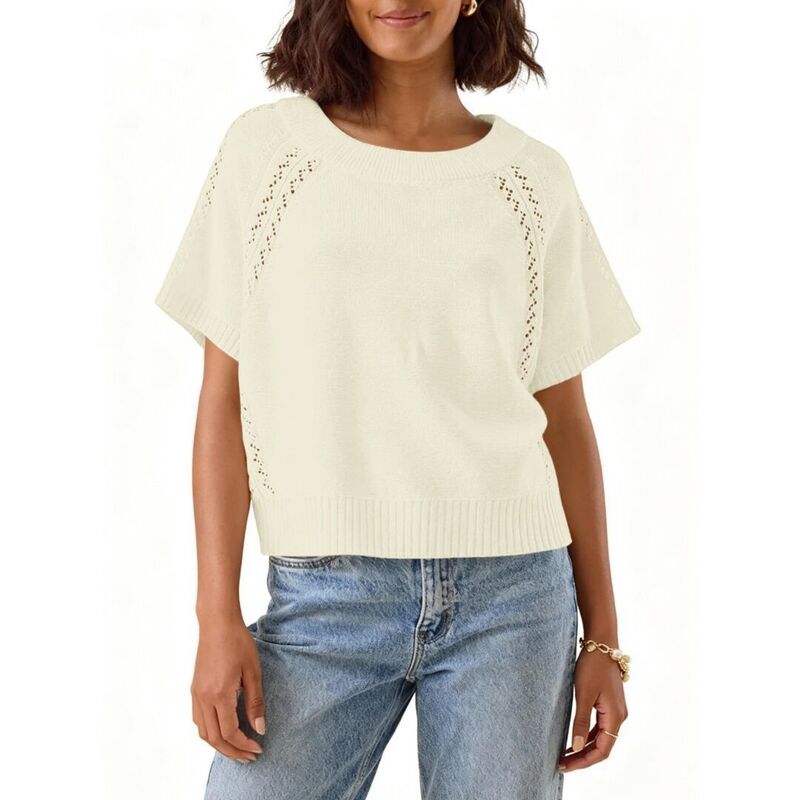 イエスファッション レディース アウター ニット・セーター クルーネック Yesfashion Women Knit Crochetop Short Sleeve Crew Neck Loose Fi