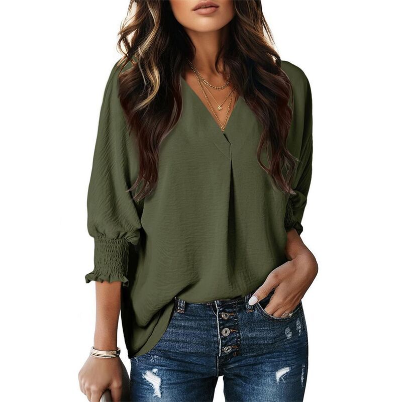 クリアフラワー レディース トップス シャツ Vネック シャーリング ブラウス ClearFlower Womens V Neck Blouse 34 Sleeve Smocked Cuff Loos