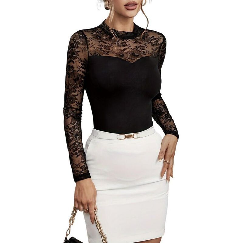 エリートチョイス レディース トップス シャツ ハイネック パッチワーク レース Elitechoice Womens Lace Long Sleeve Top Elegant High Neck P