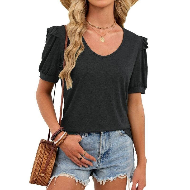 エリートチョイス レディース トップス シャツ クルーネック フリル Elitechoice Womens Crew Neck Puff Short Sleeve TShirt Casual Ruff