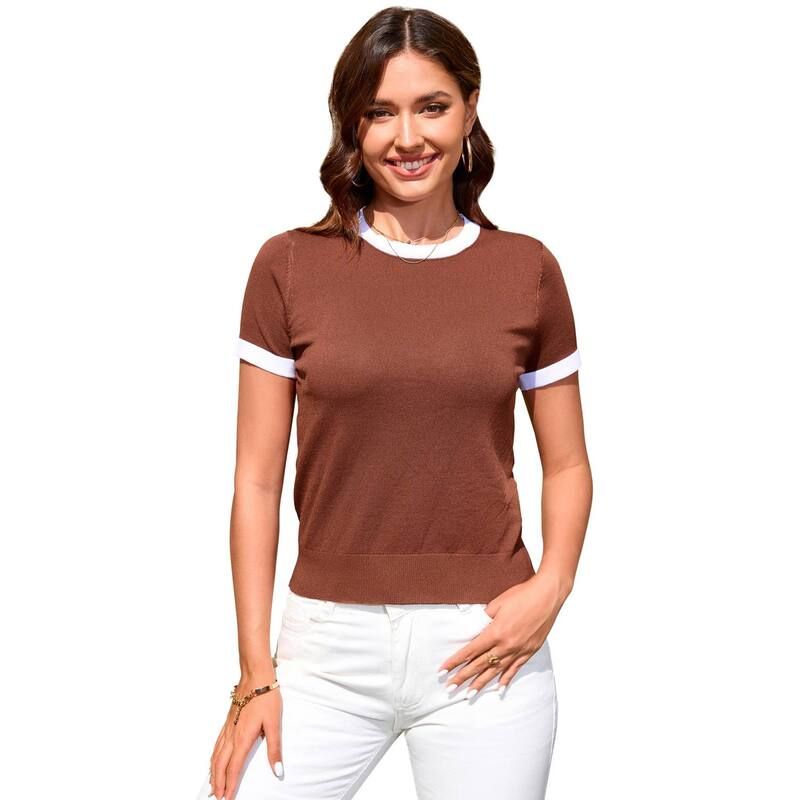 セオリア レディース トップス Tシャツ ニット Seoria Women Short Sleeve Top Casual Knit Color Block T Shirt Brown ブラウン