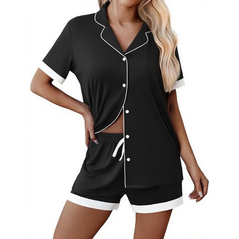 エコアー レディース アンダーウェア ナイトウェア ボタンダウン Ekouaer Womens Button Down Pajamaset Color Block Short Sleeve Sleep