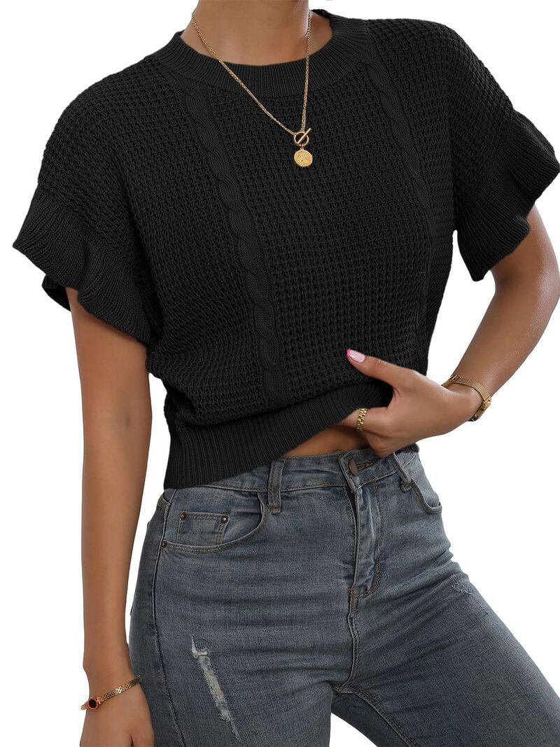 エリートチョイス レディース アウター ニット・セーター クルーネック フリル Elitechoice Womens Ruffled Short Sleeve Crewnecknit Pullover