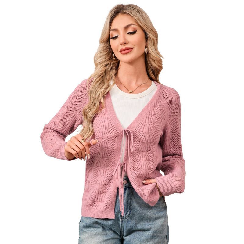 セオリア レディース アウター ニット・セーター カーディガン Seoria Womens Tie Frontops Cardigan Sweaters Crochet Crop Clothes Lo