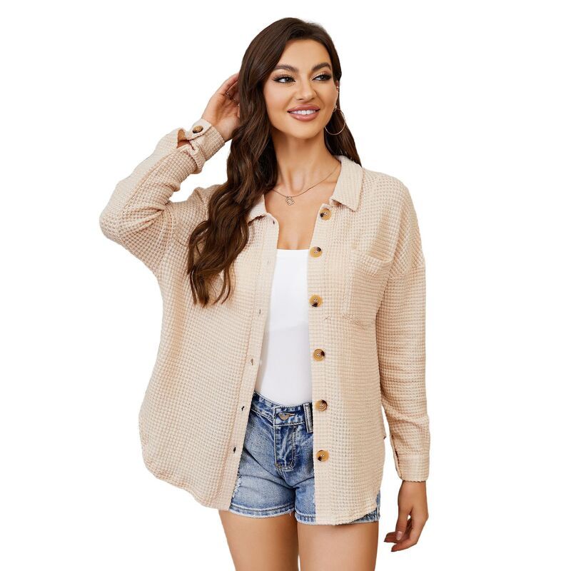 セオリア レディース トップス シャツ ボタンダウン ブラウス ニット ジャケット Seoria Womens Knit Shirt Waffle Jacket with Bust Pockets B