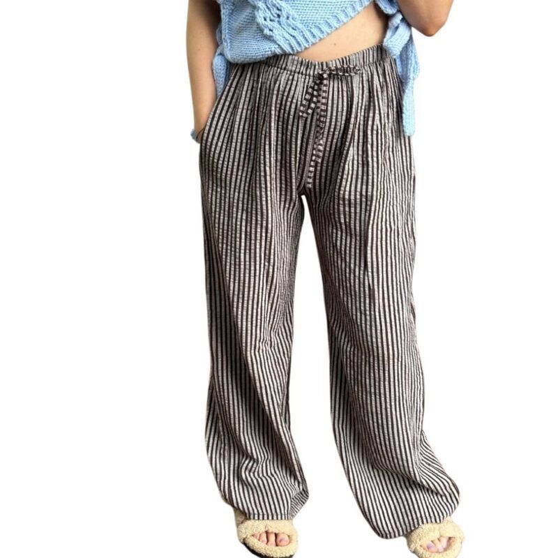 イエスファッション レディース ボトムス カジュアルパンツ ワイドレッグ Yesfashion Women Striped High Waisted Wide Leg Trendy Beach Ela