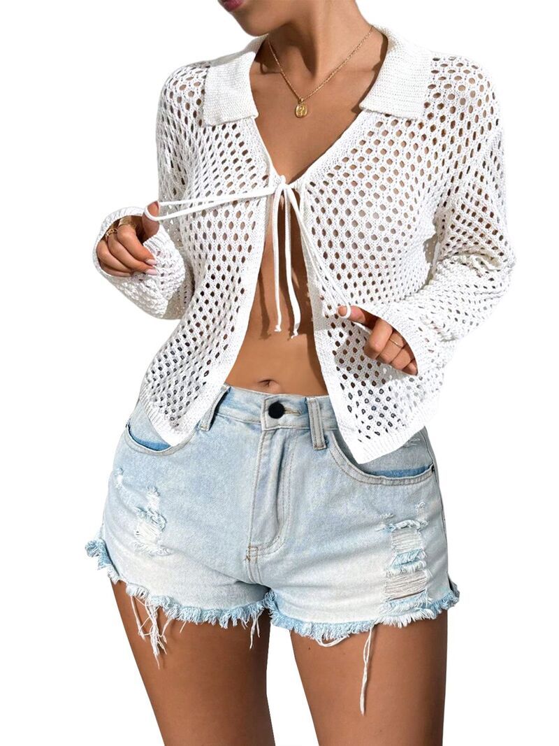 ファンジュライ レディース アウター ニット・セーター メッシュ カーディガン FUNJULY Womens Tie Front Crochet Collared Cardigan Lightweig