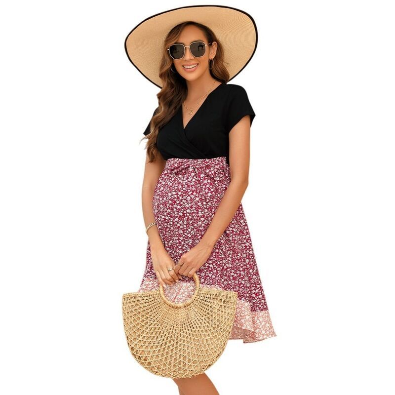イエスファッション レディース トップス ワンピース フリル裾 フリル マタニティ Yesfashion Womens Maternity Wrap Dress with Short Sleeves