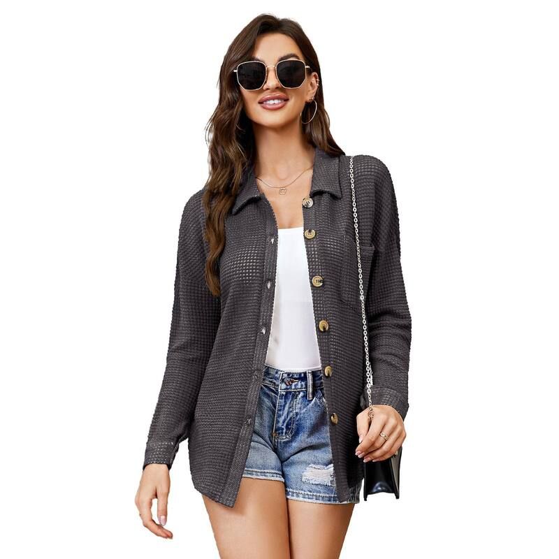 セオリア レディース トップス シャツ ボタンダウン ブラウス ニット ジャケット Seoria Womens Knit Shirt Waffle Jacket with Bust Pockets B