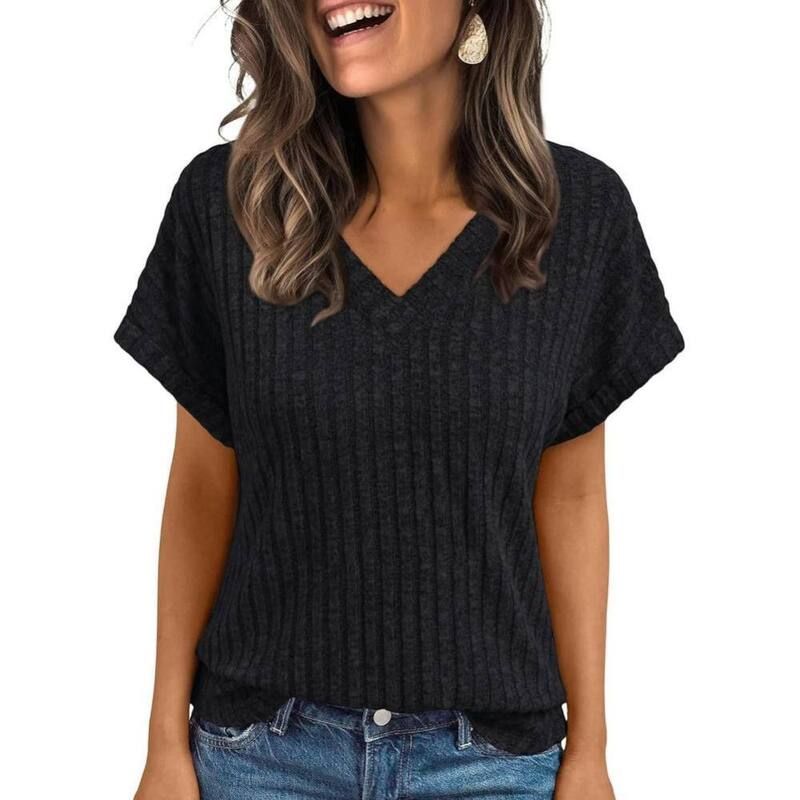 イエスファッション レディース トップス シャツ Vネック プラスサイズ セーター ブラウス Yesfashion Women Plushort Sleeve Summer Sweatershirts