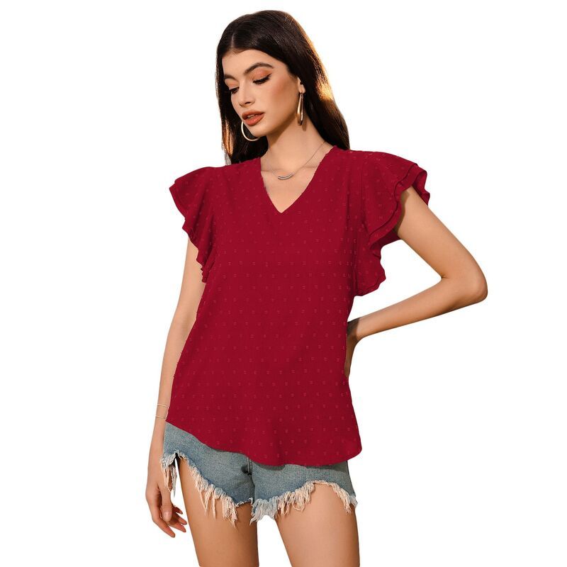 イエスファッション レディース トップス シャツ Vネック シフォン キャップ ブラウス Yesfashion Trendy Tops Cap V Neck Swiss Dot Chiffon Blo