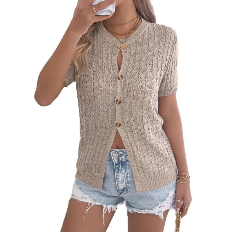 イエスファッション レディース トップス Tシャツ ボタンダウン クルーネック ダウン ブラウス ニット Yesfashion Womens Crochet Knit Button Down Shir