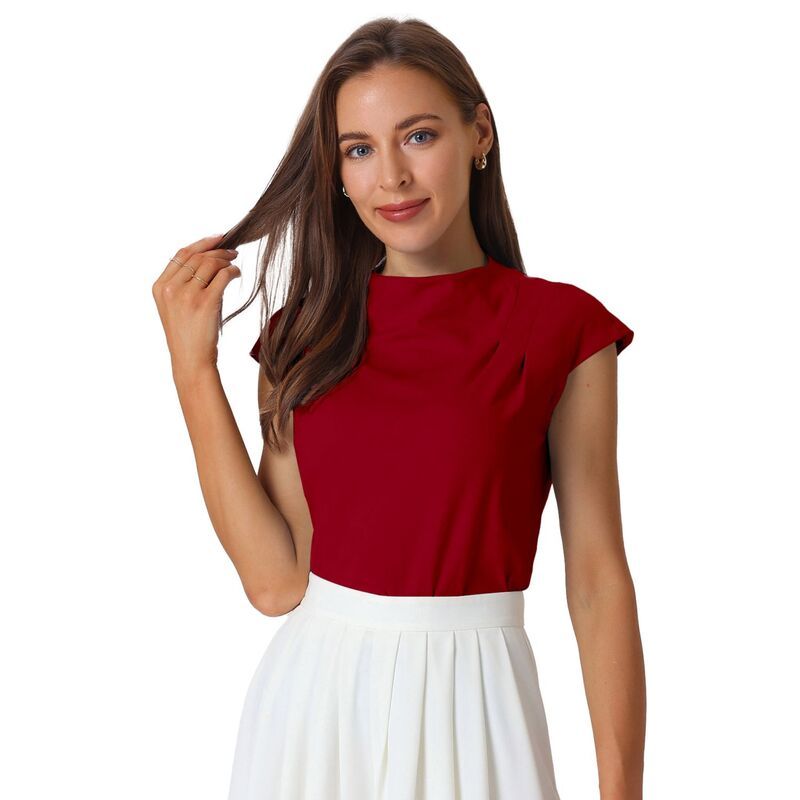 ホンベティ レディース トップス Tシャツ モックネック キャップ ブラウス ニット Hombety Womens Mock Neck Blouse Basicap Sleeve Knitted To
