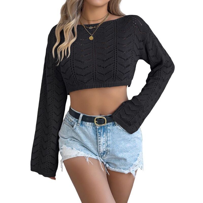 イエスファッション レディース アウター ニット・セーター クロップド Yesfashion Cropped Sweaters for Women Knit Round Neckline Hollow