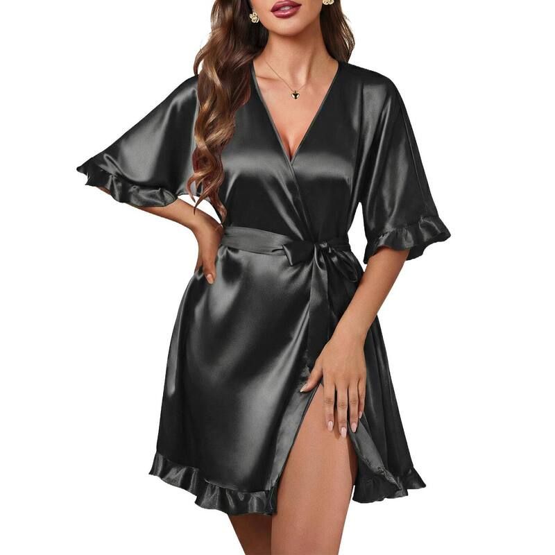 エコアー レディース アンダーウェア ナイトウェア フリル サテン シルク Ekouaer Womensilk Ruffle Robe Short Satin Kimono Robe Half Sle