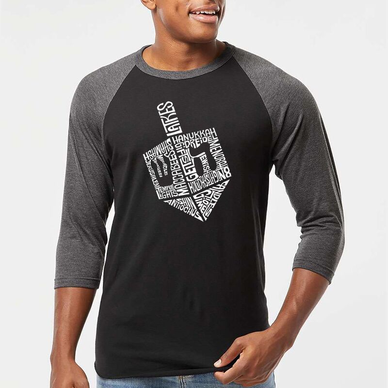 エルエーポップアート レディース トップス Tシャツ LA Pop Art Hanukkah Dreidel Mens Raglan Baseball Word ArtShirt Black Grey