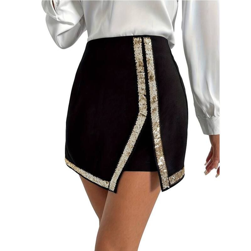 エリートスピリット レディース ボトムスカート アシンメトリー ハイウエスト ミニ ショートパンツ スパンコール EliteSpirit Women High Waist Sequin Trim Sk