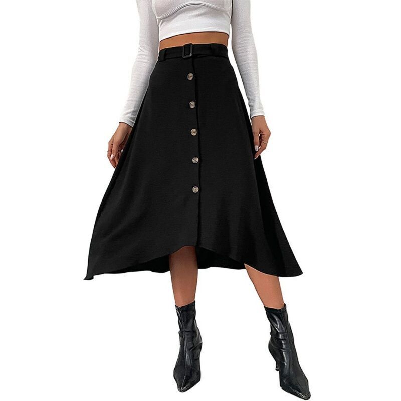 イエスファッション レディース ボトムスカート A ライン ミディ Yesfashion Womens Button Front Skirt Stretch ALine Flared Solid Co
