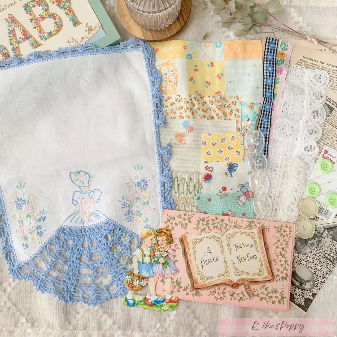 ❶ビンテージ紙モノset アソート 蚤の市 ジャンクジャーナル ヴィンテージ 手刺繍ドイリー レース 海外紙モノ・ファブリックセット