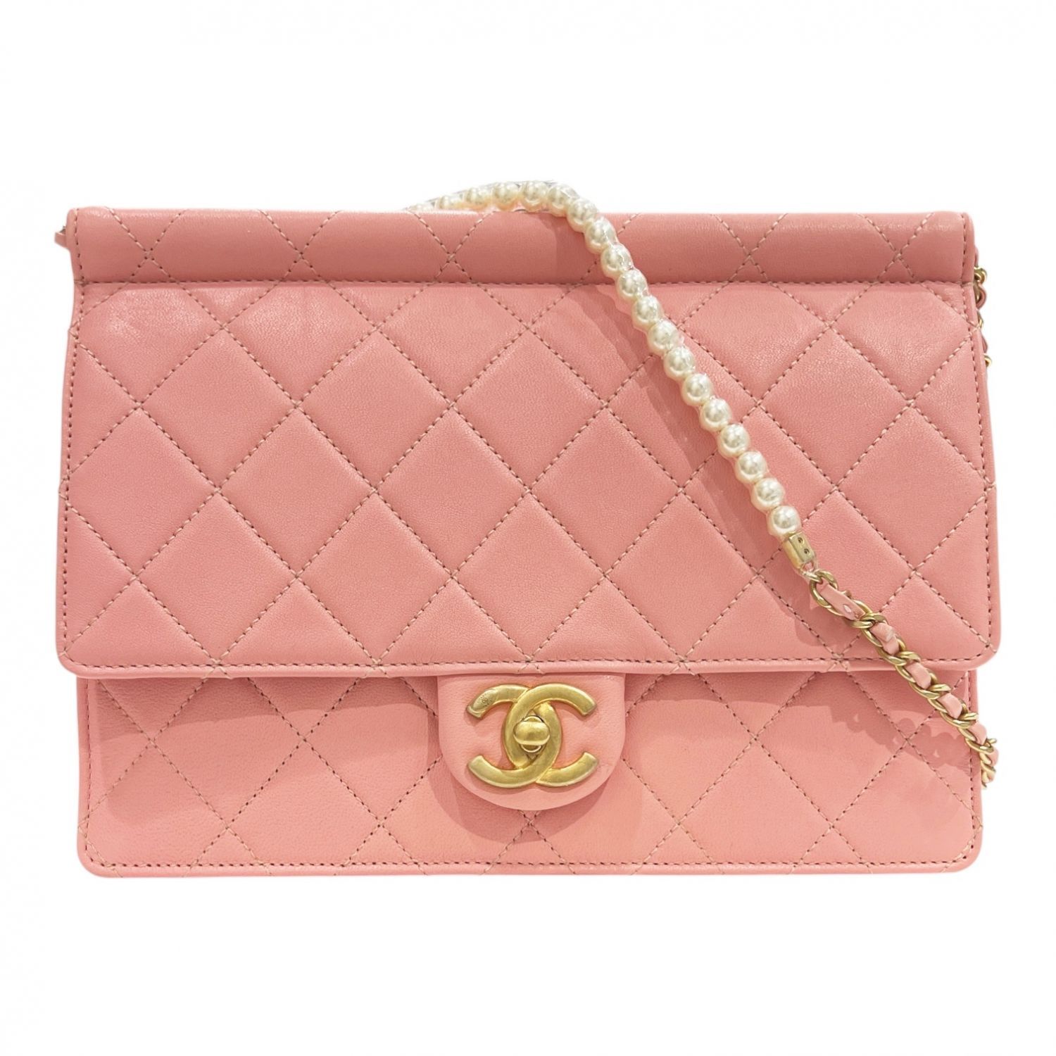 【中古】 CHANEL シャネル マトラッセ パールチェーン ショルダバッグ ゴールド金具 27番台 ラムスキン ピンク レディース 未使用品 25019896 SA