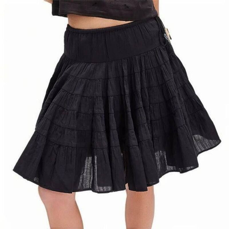 イエスファッション レディース ボトムスカート ティアード A ライン ひざ丈 プリーツ フリル ミディ Yesfashion Women Boho Drawstring Tie Up Midi Sk