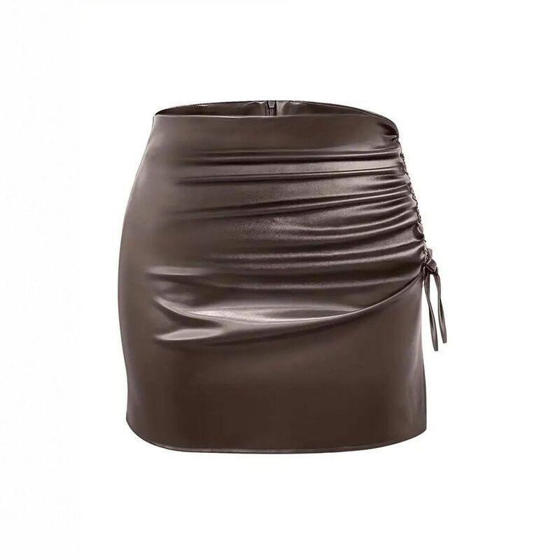 イエスファッション レディース ボトムスカート A ライン ハイウエスト ミニ レザー Yesfashion Women Pu Leather Mini Skirtsplit High Waist S